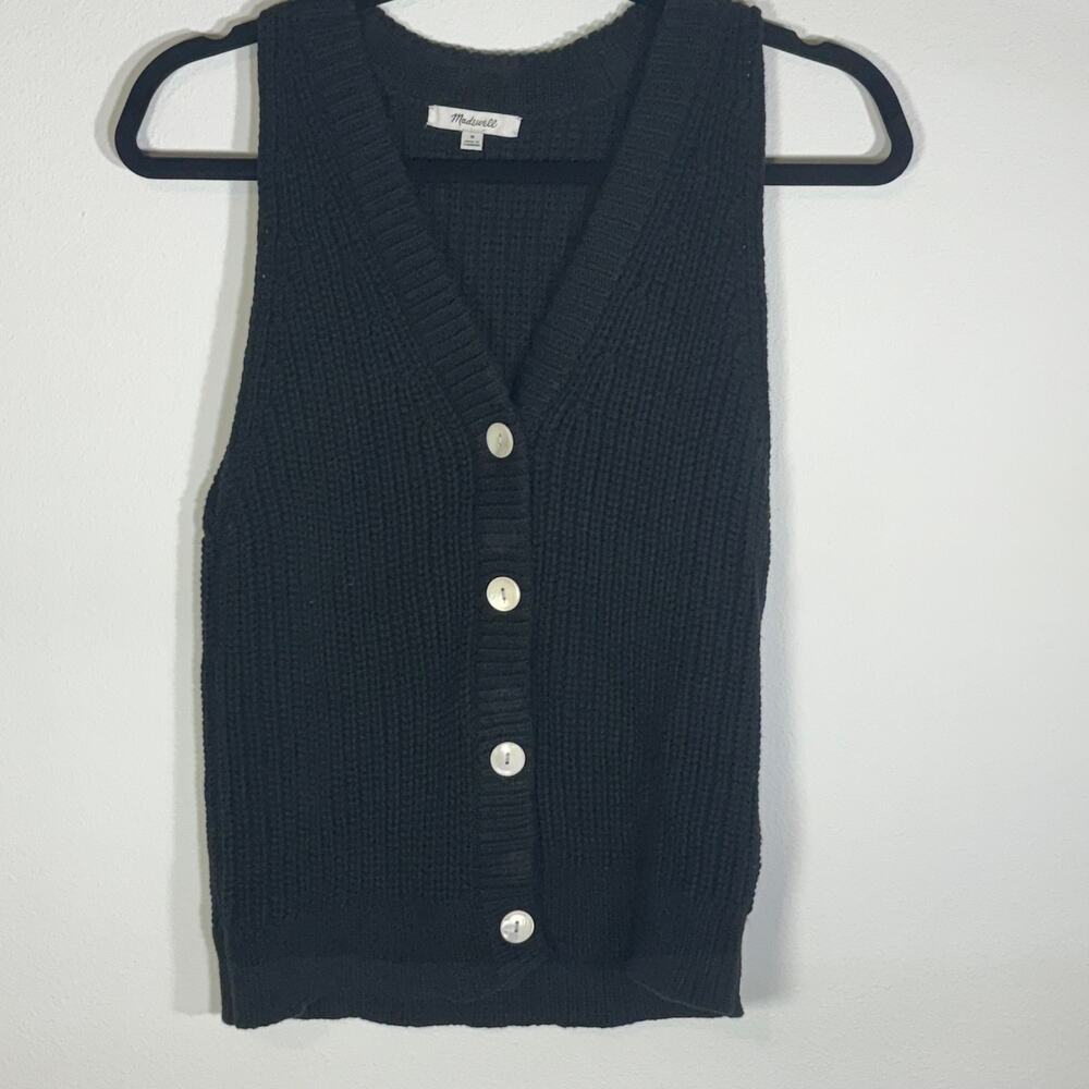 Madewell Black Chunky Knit Sweater Vest Button Front Cotton Blend Womens M